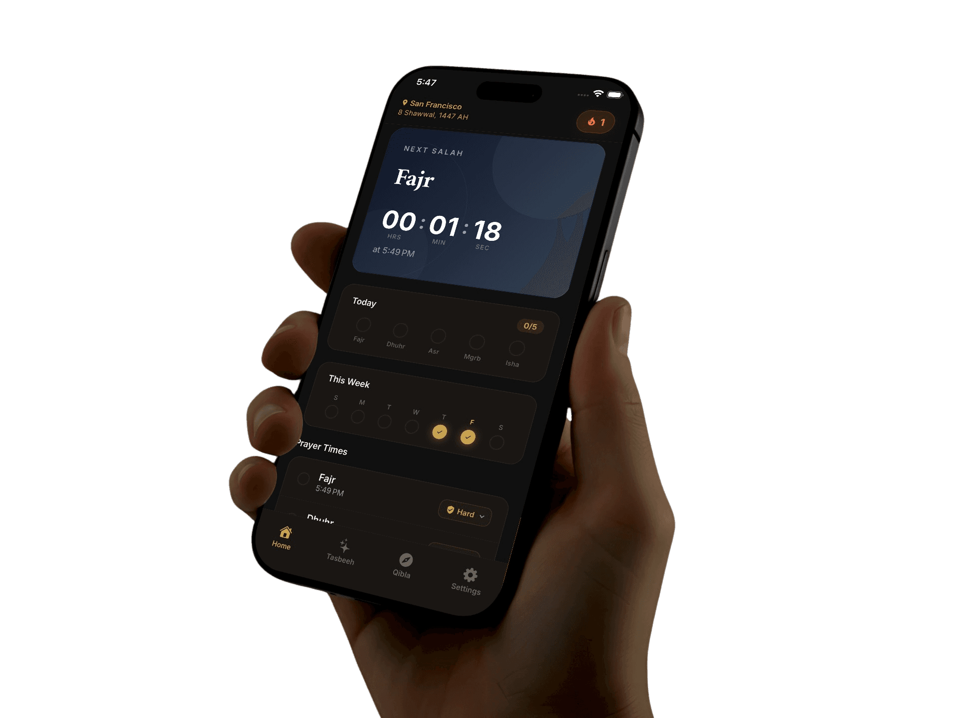 Salah Lock App — prayer dashboard showing next salah countdown, weekly tracker, and prayer times