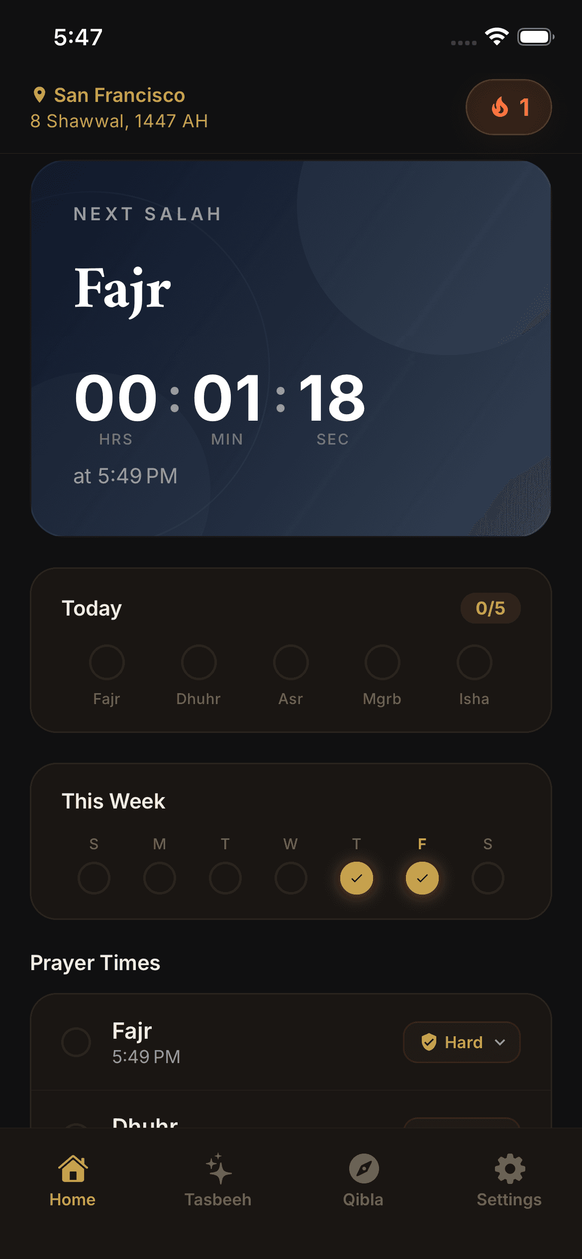 Salah Lock screen showing the selected apps will be locked at Fajr